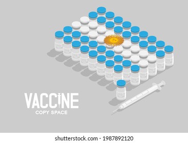 Isometric covid-19 vaccine bottle and syringe, Argentina national flag shape, Global Vaccination Campaign Country concept design illustration isolated on grey background with copy space