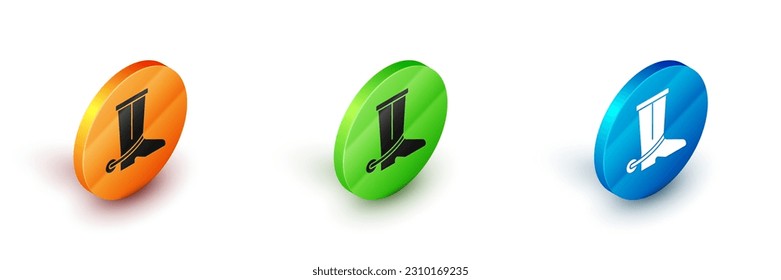 Isometric Cowboy boot icon isolated on white background. Circle button. Vector