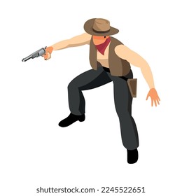 Isometric cowboy with revolver 3d vector illustration