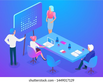 Isometric coworkers attending business presentation while working on project in office together