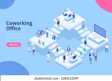 Isometric Coworking Office Concept.  Office With Different People Characters.  Flat Vector Illustration.