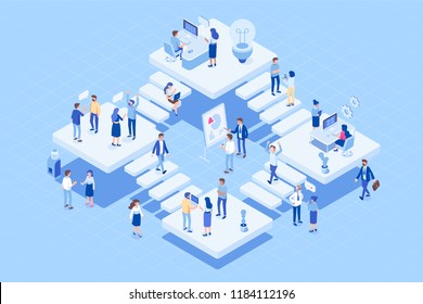 Isometric Coworking Office Concept.   People Working Together. Office With Different People Characters.  Flat Vector Illustration.