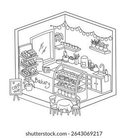 Isometric Cozy Coffee Shop and Bakery Illustration with Delightful Interior Details. coloring page for kid and adult