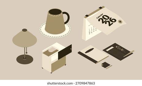 Isometric cozy desk essentials with vintage office items in neutral tones