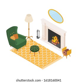 Isometric cozy living room with fireplace, on white. Vector illustration in flat design, isolated.