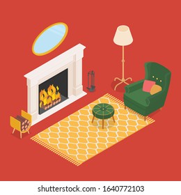 Isometric cozy living room with fireplace in red. Vector illustration in flat design, isolated.