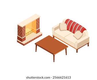 Isometric cozy living room setup with sofas, a fireplace, and a coffee table. Ideal for interior design projects, real estate. Vector illustration isolated on white background