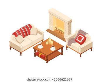 Isometric cozy living room setup with sofas, a fireplace, and a coffee table. Ideal for interior design projects, real estate. Vector illustration isolated on white background