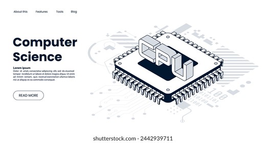 Isometric CPU computer processor in outline style. Computer technology web page concept. Data processing. Tech banner design. Vector illustration.