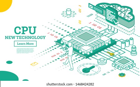 Isometric Cpu. Computer Technology. Big Data Processing. Data Transfer and Processing. Cloud Technology.