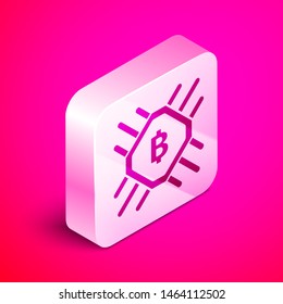 Isometric CPU mining farm icon isolated on pink background. Bitcoin sign inside processor. Cryptocurrency mining community. Digital money. Silver square button. Vector Illustration