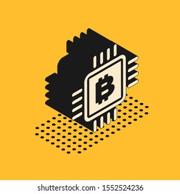 Isometric CPU mining farm icon isolated on yellow background. Bitcoin sign inside microchip. Cryptocurrency mining community. Digital money.  Vector Illustration
