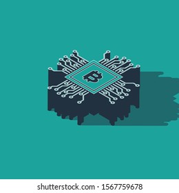Isometric CPU mining farm icon isolated on green background. Bitcoin sign inside processor. Cryptocurrency mining community. Digital money.  Vector Illustration