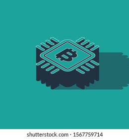 Isometric CPU mining farm icon isolated on green background. Bitcoin sign inside microchip. Cryptocurrency mining community. Digital money.  Vector Illustration