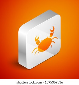 Isometric Crab icon isolated on orange background. Silver square button. Vector Illustration