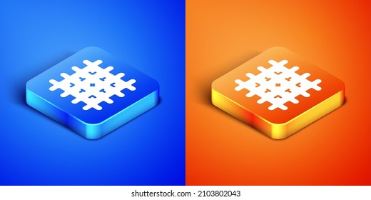 Icono de galleta isométrica Cracker aislado en fondo azul y naranja. Galleta dulce. Botón cuadrado. Vector
