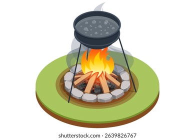 Isometric crackling campfire with glowing embers, flickering flames dancing around arranged logs, casting warm light and gentle smoke into the night air, evoking coziness and outdoor adventure.