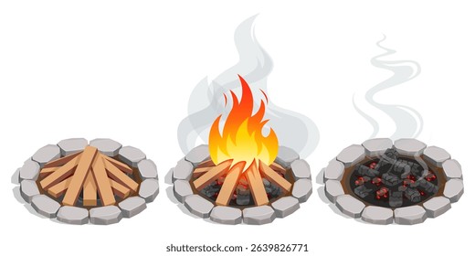 Isometric crackling campfire with glowing embers, flickering flames dancing around arranged logs, casting warm light and gentle smoke into the night air, evoking coziness and outdoor adventure.