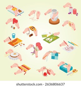 Isometric craft handmade hobbies icon set with candle making sewing embroidery floristry knitting drawing collage vector illustration