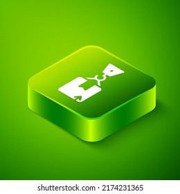 Isometric Crane with carton cardboard box icon isolated on green background. Crane lifts a container with cargo. Green square button. Vector