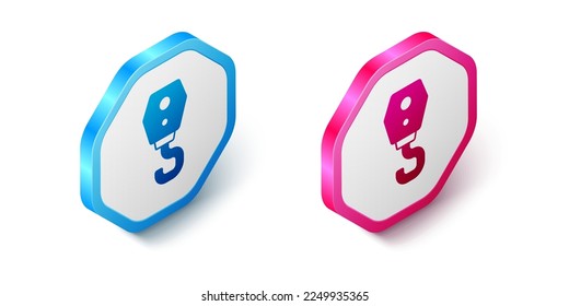 Isometric Crane hook icon isolated on white background. Industrial hook icon. Hexagon button. Vector
