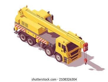 Isometric crane truck. Isolated low poly mobile crane on white backgroung. Vector illustrator. Collection