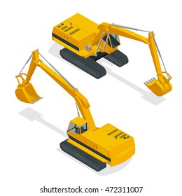 Isometric crawler excavator. Special machinery. Vector 3d flat isolated equipment for the construction industry consisting.