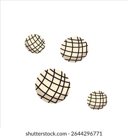 Isometric cream balls with chocolate grid pattern. Realistic vector design perfect for desserts, bakery menus, or confectionery branding.