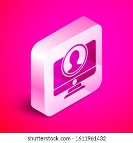 Isometric Create account screen icon isolated on pink background. Silver square button. Vector Illustration