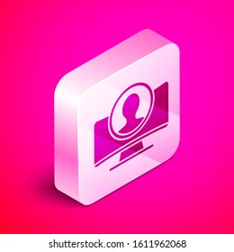 Isometric Create account screen icon isolated on pink background. Silver square button. Vector Illustration