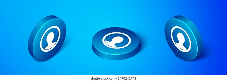 Isometric Create account screen icon isolated on blue background. Blue circle button. Vector