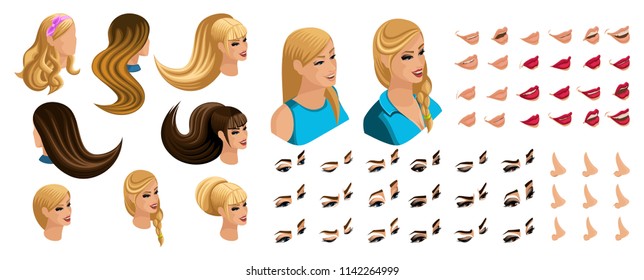 Isometric Create emotions for your character, young girl. Set beautiful hairstyles and emotions, sadness, joy, happiness. Different make-up of lips, eyes.