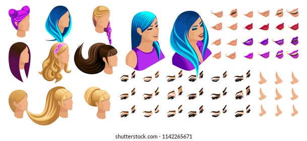 Isometric Create emotions for your character, girl, teenager. Set of creative hairstyles and emotions, sadness, joy, happiness. Different make-up of lips, eyes.