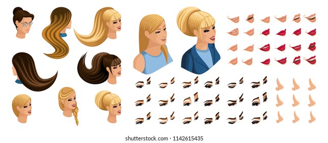Isometric Create emotions for your character, young girl. Set ? 10 beautiful hairstyles and emotions, sadness, joy, happiness. Different make-up of lips, eyes.