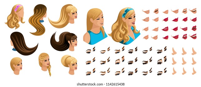 Isometric Create emotions for your character, young girl. Set ? 5 beautiful hairstyles and emotions, sadness, joy, happiness. Different make-up of lips, eyes.