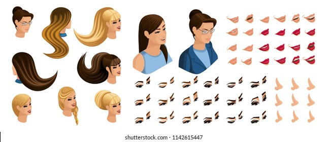 Isometric Create emotions for your character, young girl. Set ? 7 beautiful hairstyles and emotions, sadness, joy, happiness. Different make-up of lips, eyes.