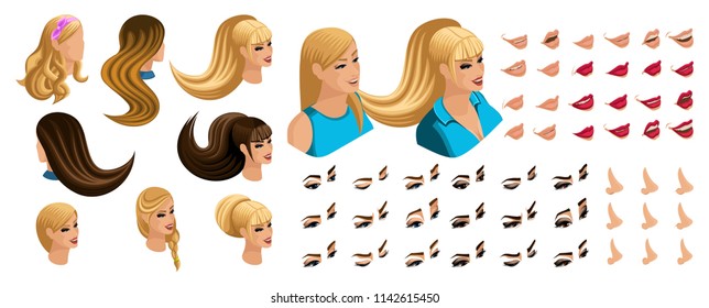 Isometric Create emotions for your character, young girl. Set ? 2 beautiful hairstyles and emotions, sadness, joy, happiness. Different make-up of lips, eyes.