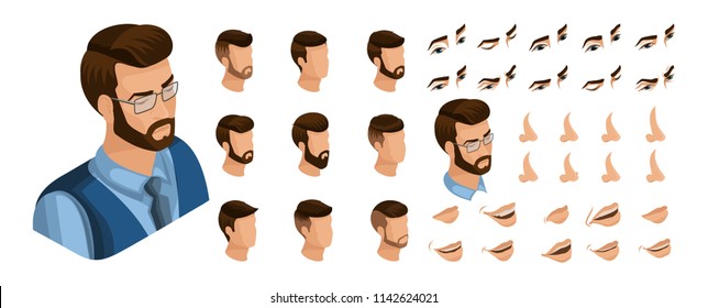 Isometric Create emotions for your character, young entrepreneur, business man. Set ? 3 of stylish hairstyles and emotions, sadness, joy, happiness.