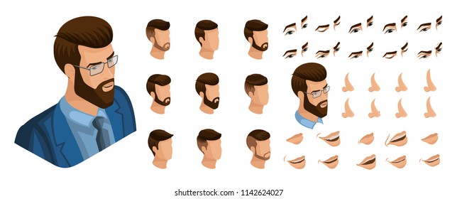 Isometric Create emotions for your character, young entrepreneur, business man. Set ? 5 of stylish hairstyles and emotions, sadness, joy, happiness.