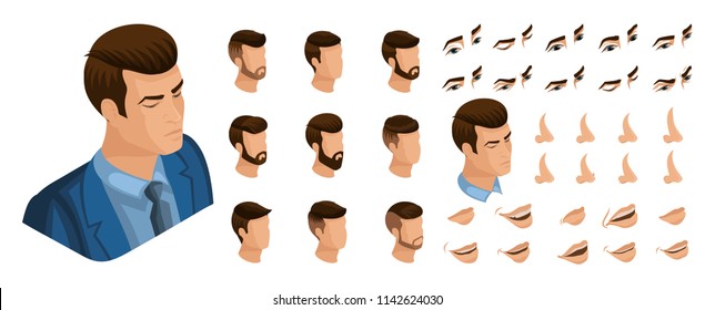 Isometric Create emotions for your character, young entrepreneur, business man. Set ? 4 of stylish hairstyles and emotions, sadness, joy, happiness.