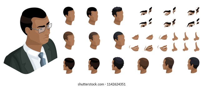 Isometric Create emotions for your character, African American man, business man. Set ? 2 of stylish hairstyles and emotions, sadness, joy, happiness.