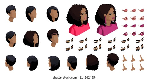 Isometric Create emotions for your character, a young African American woman, a business lady. Set ? 6 of stylish hairstyles and emotions, sadness, joy, happiness.