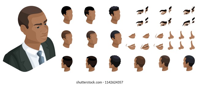 Isometric Create emotions for your character, African American man, business man. Set ? 1 of stylish hairstyles and emotions, sadness, joy, happiness.