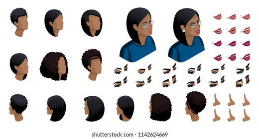 Isometric Create emotions for your character, a young African American woman, a business lady. Set ? 3 of stylish hairstyles and emotions, sadness, joy, happiness.