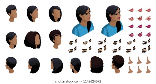 Isometric Create emotions for your character, a young African American woman, a business lady. Set ? 5 of stylish hairstyles and emotions, sadness, joy, happiness.