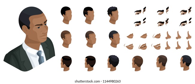 Isometric Create emotions for your character, African American man, business man. Set № 6 of stylish hairstyles and emotions, sadness, joy, happiness