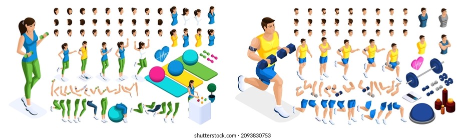 Isometric create your athlete girls and guys, a large set of emotions, gestures of hands, foot movements, a healthy lifestyle. Create your characters. Set 5.