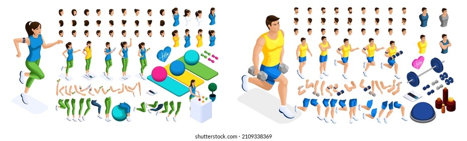 Isometric Create Your Athlete Girls And Guys, A Large Set Of Emotions, Gestures Of Hands, Foot Movements, A Healthy Lifestyle. Create Your Characters. Set 6