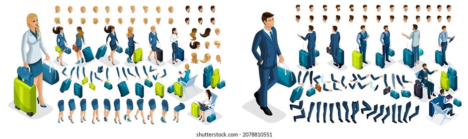 Isometric create your character, business lady and businessman at the airport. Set of gestures of hands, feet, emotions of the character, a set of different