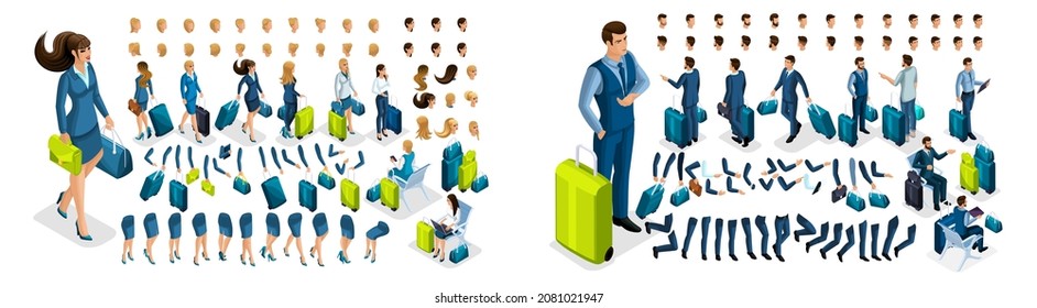 Isometric create your character, business lady and businessman at the airport. Set of gestures of hands, feet, emotions of the character, a set of different hairstyles. Set 3.
